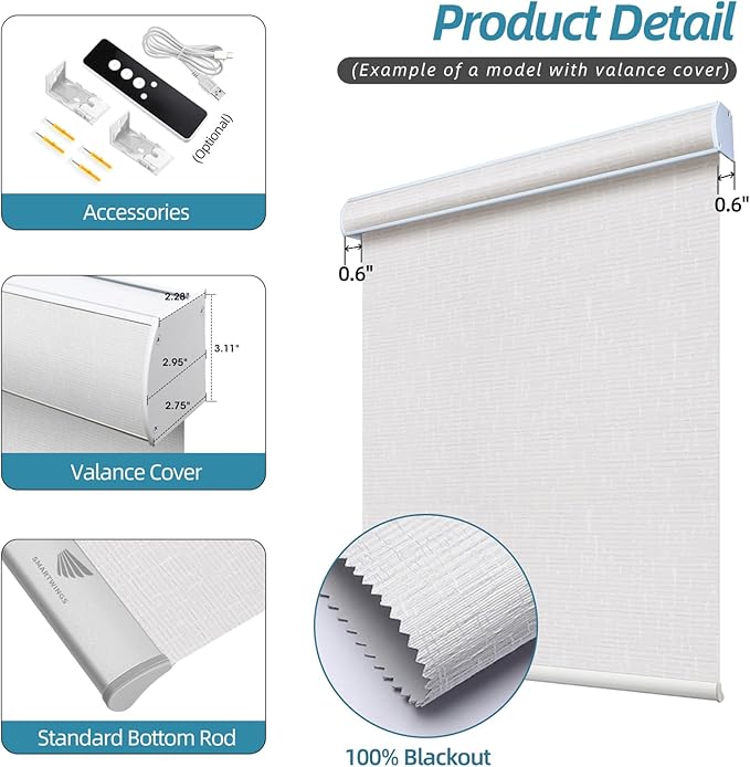 SmartWings Motorized Smart Blinds with Remote, Custom Automatic 100% Blackout Roller Shade Compatible with Alexa/Homekit/Google, Electric Smart Blinds for Indoor Windows, Safari White