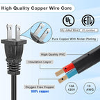 2-Pack Extension Cord 2 Prong, 5FT Short and Small Etension Cords Male/Female Indoor Power Cable for NEMA 1-15P to NEMA 1-15R Black