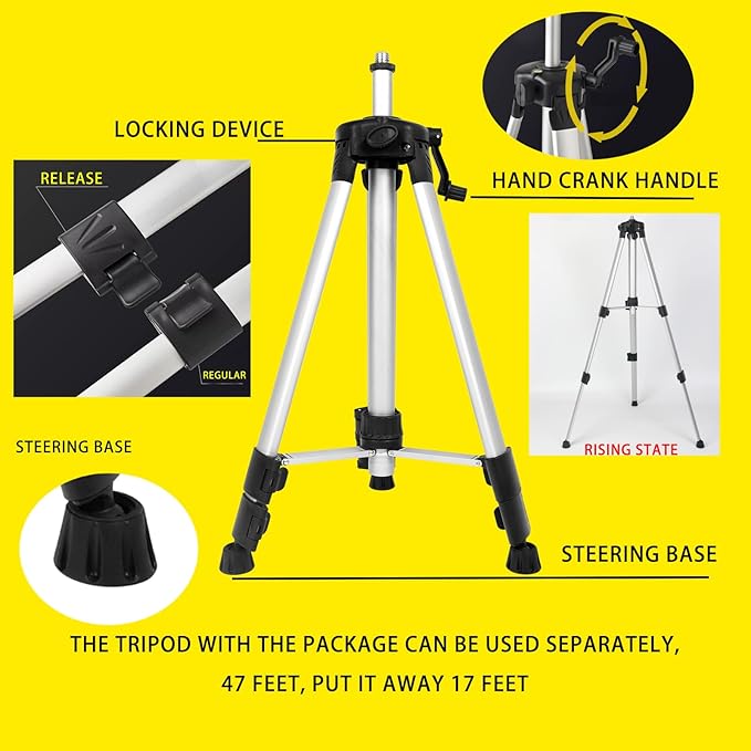 13.77-foot/4.2-meter multifunctional laser level pole with 3.93-foot/1.2-meter tripod and 1/4 or 5/8 threaded interface with swivel gimbal