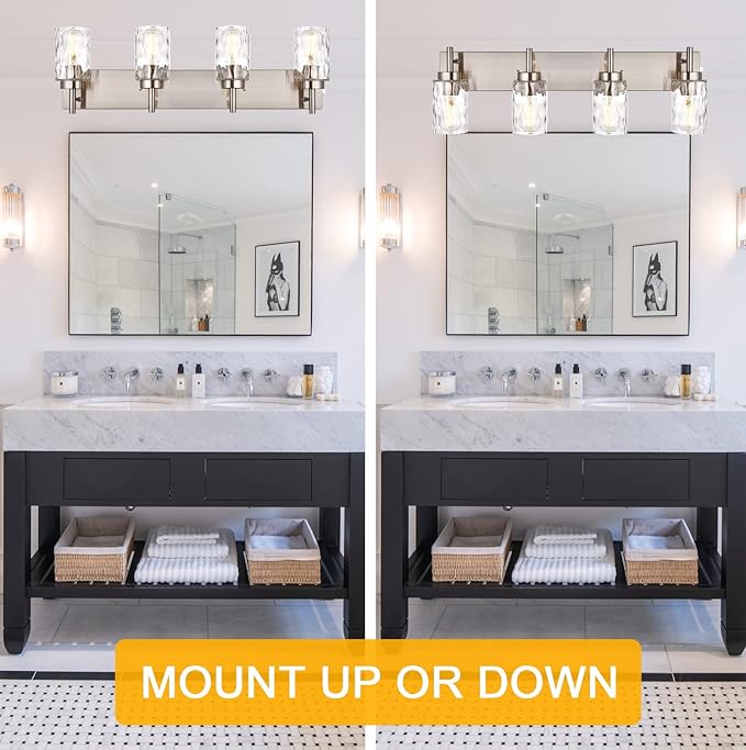 BONLICHT Bathroom Vanity Light Fixtures Brushed Nickel 4-Light with Clear Water Glass Shade Contemporary Wall Sconces Farmhouse Bathroom Lighting Wall Mount Lamp for Living Room Bedroom Bar Office