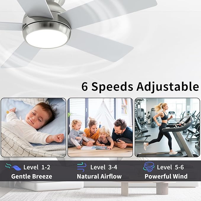 42 Inch Brushed Nickel Ceiling Fans with Lights and Remote, LED Low Profile Flush Mount Ceiling Fan for Bedroom, Living Room, Patio, Quiet DC Motor, 5 Blades