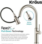 KRAUS Sellette Single Handle Spot Free Stainless Steel Pull-Down Kitchen Faucet with Deck Plate and Soap Dispenser, KPF-1680SFS-KSD-80SFS