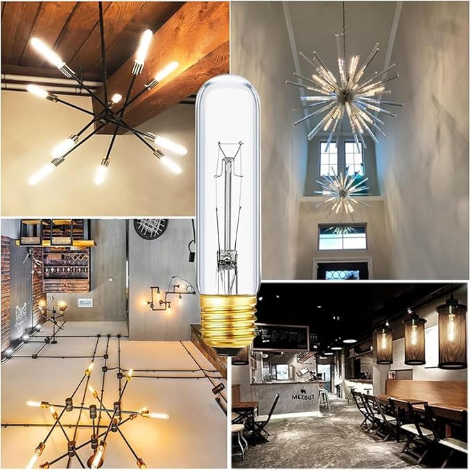 40 Watt T10 Clear Tubular Incandescent Light Bulb, Vintage Style Showcase Bulb,Showcase lamp, 2700K Soft White, E26 Medium Base, 280 Lumens (T-T10-25)