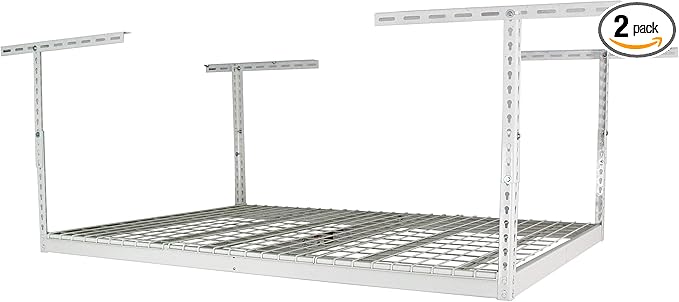 MonsterRax Overhead Garage Storage Racks 4x6, Heavy Duty Industrial Steel Construction, Ceiling Mounted Shelving Platform, 24"-45" Adjustable Hanging Storage Organizer, White (Two-Pack)
