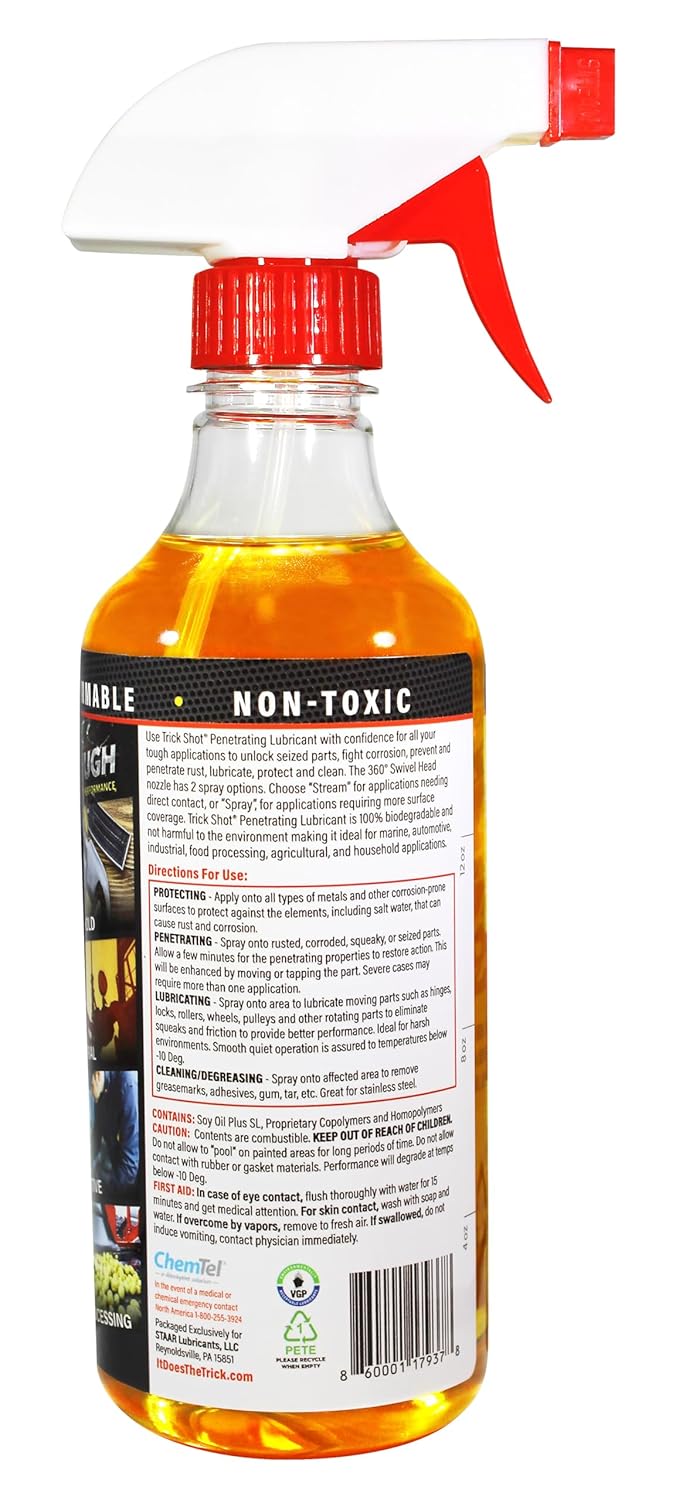 Non-Toxic Penetrating Oil | Eco-Friendly, Non-Flammable, Food Grade & Biodegradable | Rust Inhibitor | 3-in-1 Lubricant, Penetrating Oil, and Degreaser by Trick Shot® USA Made | 16 oz. Spray Bottle