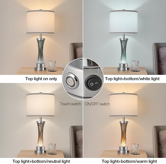 3-Way Dimmable Table Lamp Set of 2,Touch Control Lamp with Night Light,Modern Crystal Table Lamps for Bedroom,Living Room，Bedside Lamps with USB A+C Ports，Fabric Lampshade(Blubs Included)