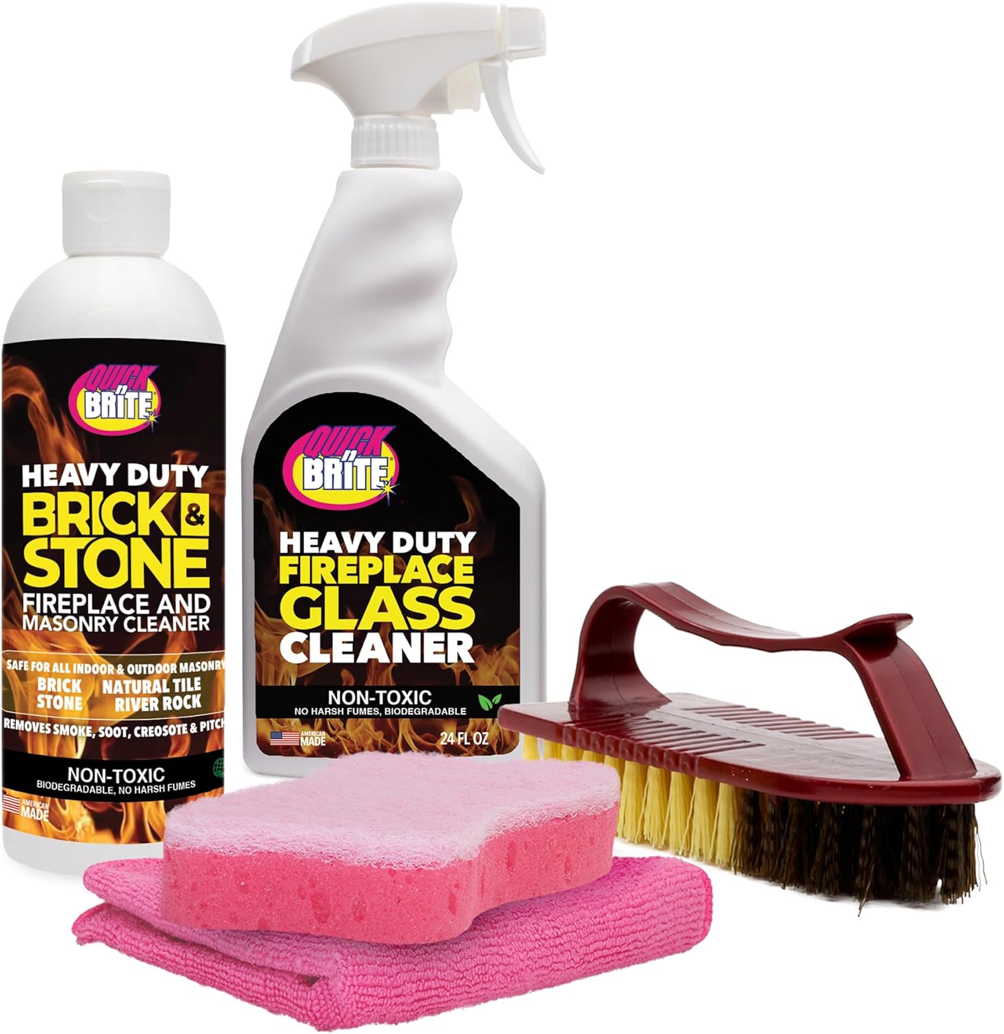 Quick ‘n Brite Fireplace Cleaning Kit – Includes 24oz Fireplace Glass Cleaner, 16 oz Gel Fireplace Cleaner, Scrub Brush, Sponge and Microfiber Towel