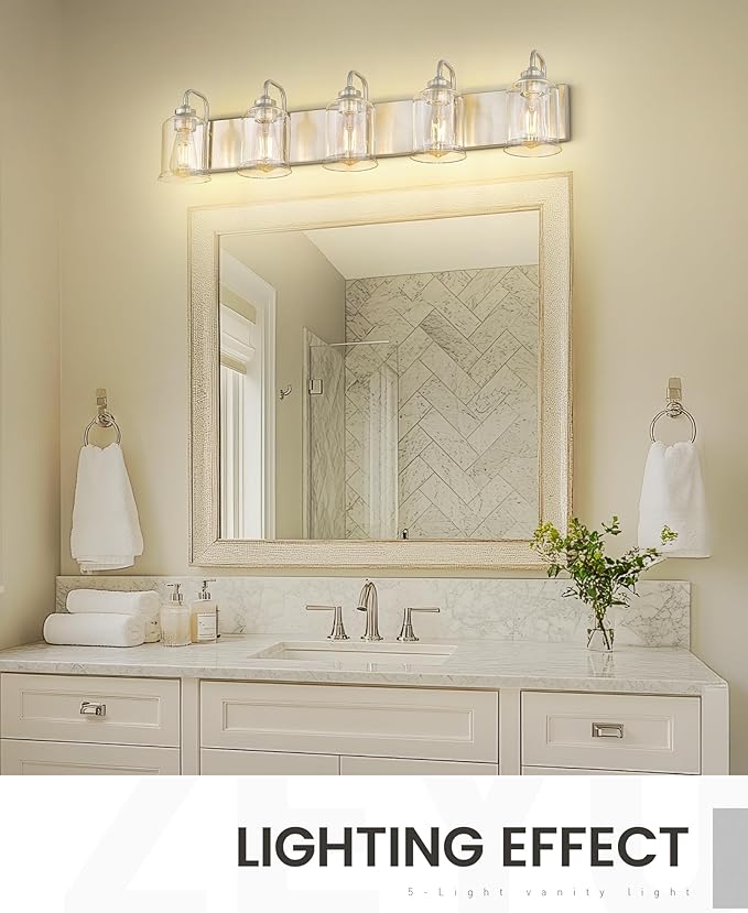 zeyu 36 Inch Farmhouse Modern Bathroom Lighting Fixture, 5-Light Bathroom Vanity Light, Brushed Nickel Finish with Clear Glass Shade, ZSL72B-5W BN