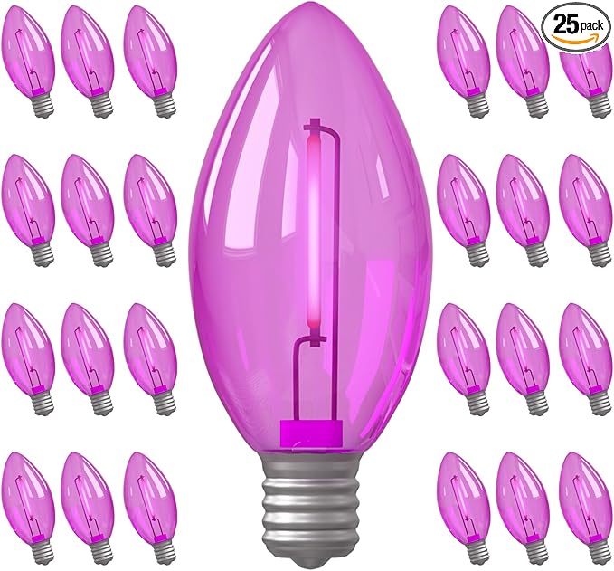 25 Pack C9 Purple Light Bulbs for Halloween, LED Replacement Bulbs, E17 Candelabra Base, 0.6W 120V, UL Listed, Plastic Shatterproof Purple Bulb for Indoor Outdoor Use