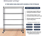 60"x24"x72" PRIME HEAVY DUTY Black 5-Tier Wire Shelving NSF 3000 LBS MAX Capacity Storage Rack for Commercial, School, Home, Garage, Warehouse, Industrial, and Hospital Uses (with Wheels)