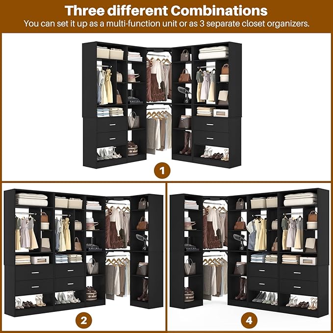 Large Corner Closet System with 3 Sets, 87.2" Closet Organizer System with 4 Drawers & 4 Hanging Rods, Reversible L Shaped Walk-in Closets, Load 2000+LBS, Black (87.2" L x 39.2" W x 80" H)