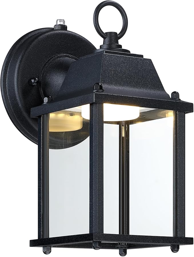 LIT-PaTH Small Outdoor LED Wall Lantern with Dusk to Dawn Photocell, 3000K Warm White, 9.5W, 800 Lumen, Aluminum Housing Plus Glass, Outdoor Rated, 1-Pack, Black