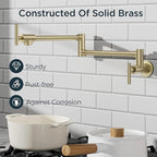 FORIOUS Gold Pot Filler Faucet Over Stove, Solid Brass Modern Wall Mount Commercial Folding Faucet with Stretchable Double Joint Swing Arms for Kitchen Restaurant