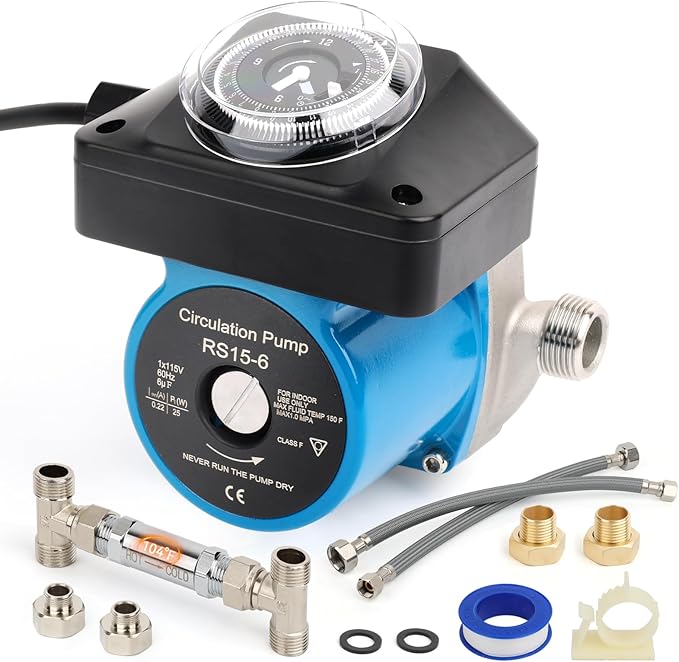 Hot Water Recirculating Pump Kit, Circulation Pump, with Brass Sensor Valve Kit, 1/2’’ Stainless Steel Braided Hose, and Water Heater Timer for Tank Water Heaters