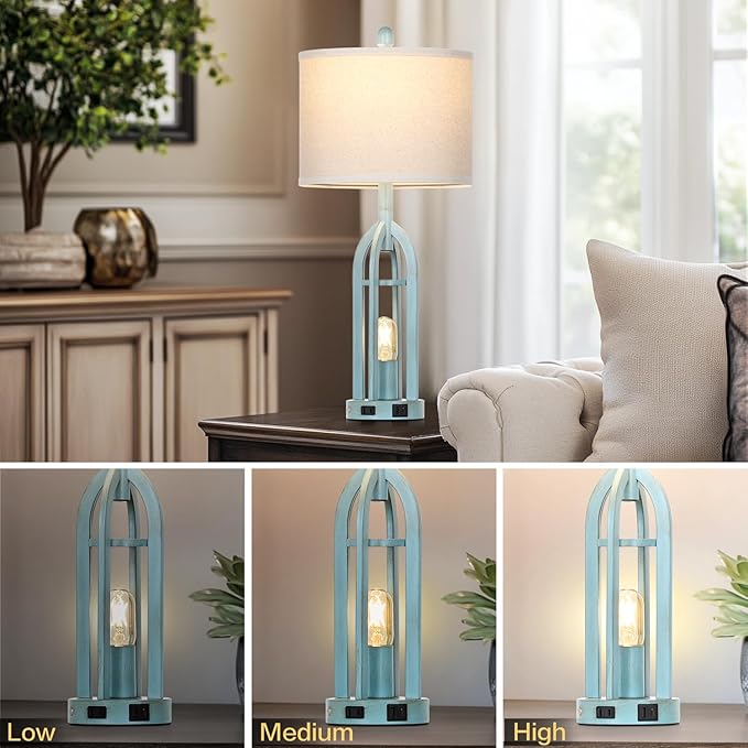 27" Industrial Farmhouse Table Lamp,Vintage Rustic Blue Beside Lamp with USB A+C Charging Ports & AC Outlet, Metal Nightstand Lamp with LED Night Light for Bedrooms (2 LED Bulbs Included)