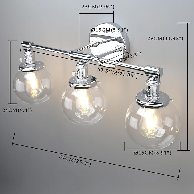 Phansthy 3-Light Wall Sconces Antique Brass Vanity Light, Industrial Wall Lamps with On Off Switch and Clear Glass Lampshade, Vintage Wall Lighting for Bathroom Living Room (Chrome, Globe Shade)