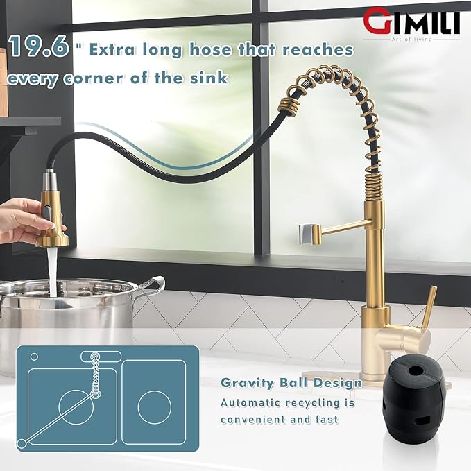 GIMILI Brushed Gold Kitchen Faucet with Soap Dispenser, Commercial Single Handle Spring Pull Out Kitchen Sink Faucets with Pull Down Sprayer