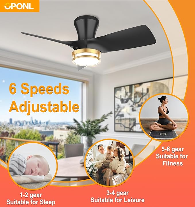 30" Black low profile Ceiling Fan with Light, with Gold Trim Ring, Large Air Volume, flush mount ceiling fan for Bedroom Kitchen Dining room Patio