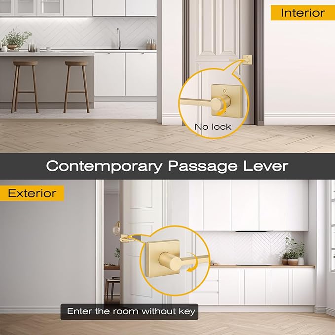 EHOMEWARE 2 Pcs Door Knobs Interior, Passage Door Handle Gold, Modern Closet Door Knobs in Satin Brass Finish, Keyless Door Levers Heavy Duty Door Handle Set, Sleek Door Hardware & Locks