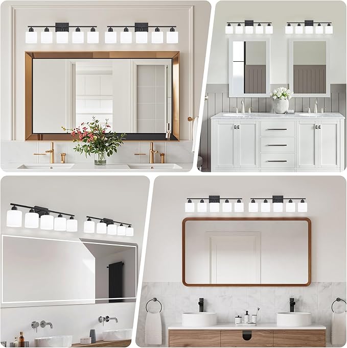 5-Light Black Bathroom Vanity Light, Black Vanity Light with Milky White Frosted Glass Shades, Modern Vanity Light Fixture for Bathroom Mirror, Bedroom, Living Room, Hallway, Vanity Table, E26 Base