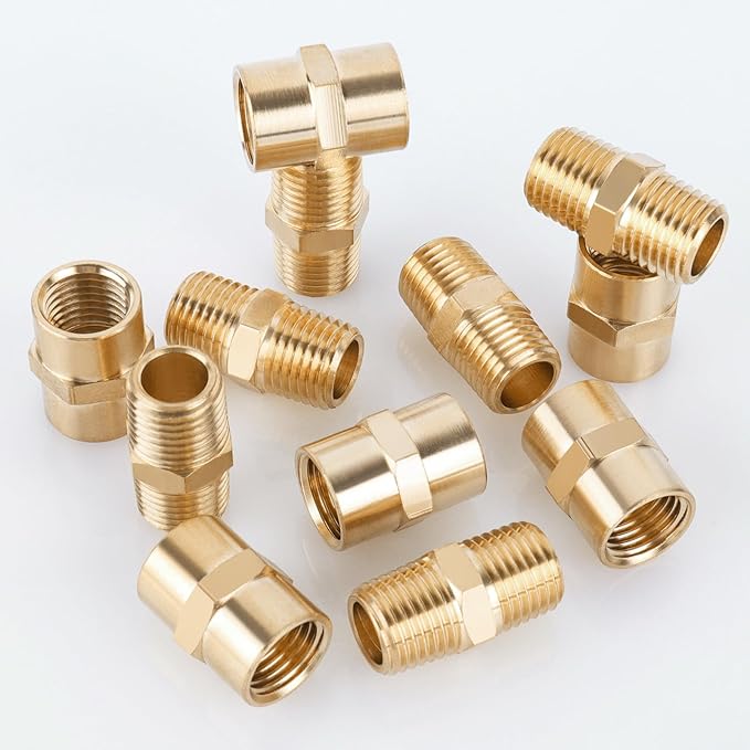 KOOTANS 12pcs Brass Pipe Fitting, NPT Hex Nipple, Coupling, 1/4" x 1/4" NPT Male Pipe, 1/4" x 1/4" NPT Female Pipe Fittings Set (6 Nipple & 6 Coupling)
