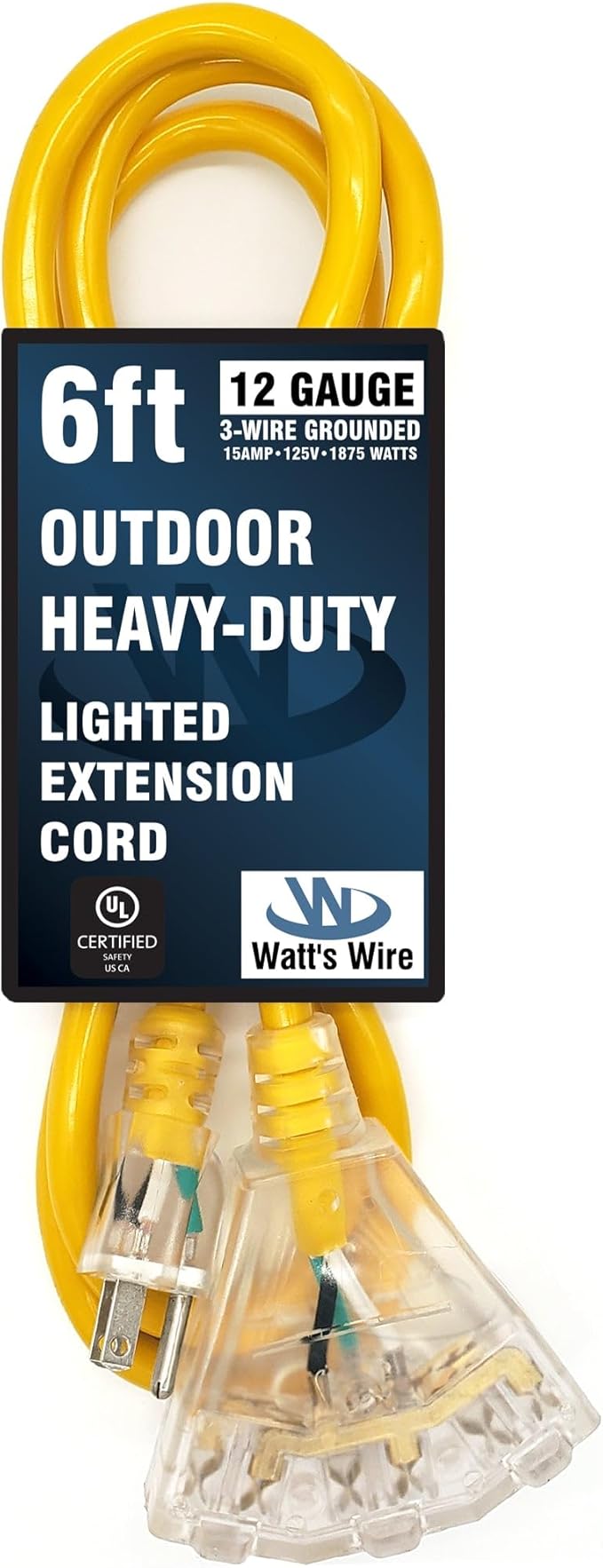 Outdoor Extension Cord Waterproof (6 ft) 12 Gauge Heavy Duty Extension Cord Splitter - Lighted Outdoor Extension Cords with Multiple Outlets - Watts Wire - 6' Grounded - extensiones electricas