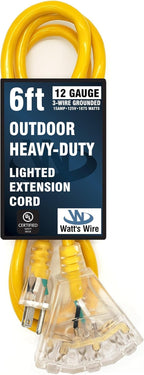 Outdoor Extension Cord Waterproof (6 ft) 12 Gauge Heavy Duty Extension Cord Splitter - Lighted Outdoor Extension Cords with Multiple Outlets - Watts Wire - 6' Grounded - extensiones electricas