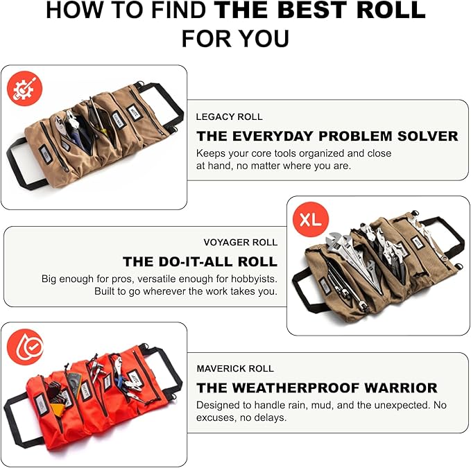 Official Voyager Tool Roll Bag - Easy to Carry 5-Pocket Roll Up Tool Bag - Durable 20oz Canvas, Rust-Proof YKK Zippers & Secure Buckle - A Gift for Dads, Mechanics, Electricians & Hobbyists | Khaki