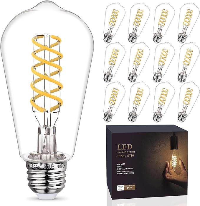 12 - Pack 60 Watt Equivalent, E26 LED Filament Light Bulbs, Neutral White 4000K, Dimmable, Antique Filament Decorative Light Bulbs, ST19/ST58 LED Edison Bulb with 80+ CRI