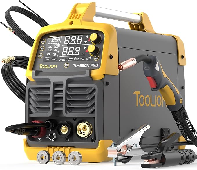 TOOLIOM Aluminum MIG Welder with Pulse 250A 110V/220V Dual Voltage 4 in 1 Multifunctional Welding Machine Gas/Gasless Flux MIG/Lift TIG/Stick with Spool Gun Compatible