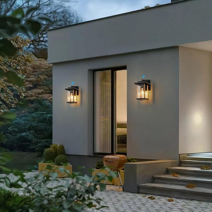 Outdoor Wall Sconce, Dusk to Dawn Outside Porch Light Fixtures, Anti-Rust Exterior Wall Lights in Wood Grain & Black Finish with Clear Glass for Garage Doorway Entryway, 2 Pack