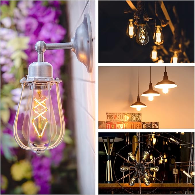 OMED LED Edison Bulb Dimmable Amber Glass, 60 Watt Equivalent LED Light Bulbs Soft White, ST64 E26 Bulb 60W 2700K, Vintage Spiral Filament LED Bulbs with Teardrop Top, 600LM,UL Listed, 2 Pack