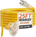 25 FT 12/3 Gauge Outdoor Extension Cord with Multiple Outlets Light Indicator, Flexible 3 Outlet Weatherproof Heavy Duty Extension Cord Waterproof Yellow, 15A 1875W 12AWG SJTW, ETL Listed