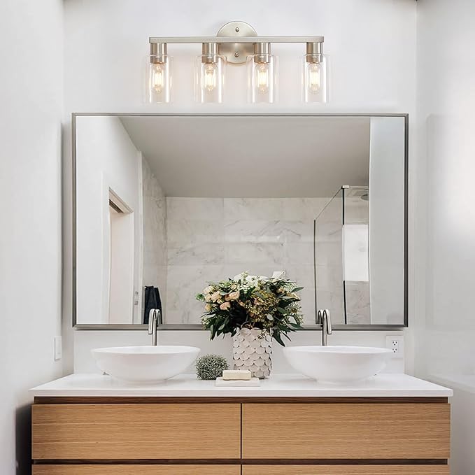4 Light Bathroom Vanity Light, Brushed Nickel 4-Light Bathroom Light Fixtures, Vanity Lights for Make-Up Mirror, Modern Lighting Fixtures with Clear Glass Shade for Bedroom Living Room