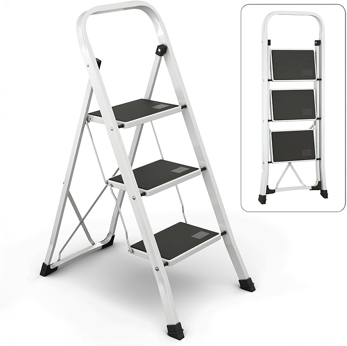 Lifetime Home 3-Step Ladder with Wide Anti-Slip Platform & Thick Rubber Feet - Lightweight Heavy Duty Foldable & Portable - 330 lbs Capacity, Steel Frame, Rubber Handgrip, Folding Step Stool - White