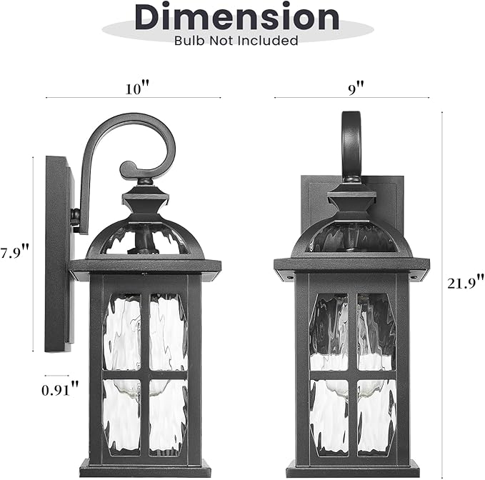 Exterior Wall Sconce Outdoor Waterproof Wall Lights Fixtures Water Ripple Glass Shade 22 Inch Height Black Outdoor Wall Lamps for Patio Yard Garage Doorway