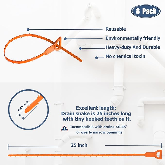 8 Pack 25inch Drain Snake Clog Remover, Drain Hair Remover, Sink Snake Drain Auger Cleaner Tool For Bath Tub, Toilet, Kitchen Sink, Sewer