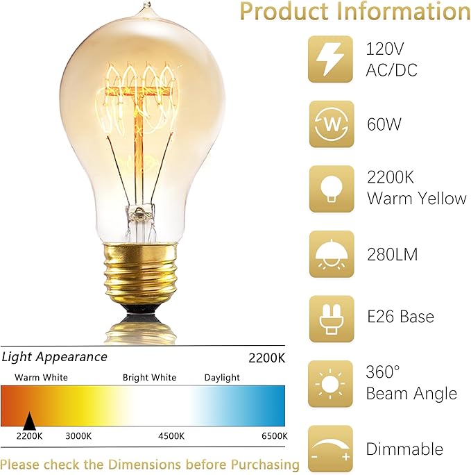 A19 Incandescent Light Bulbs 60 Watt,120v Edison Bulbs Dimmable 2200k Warm Yellow E26 Base, Antique Retro Style Incandescent Bulb, Amber Glass Squirrel Cage Filament Decorative Lamp, 6Pack