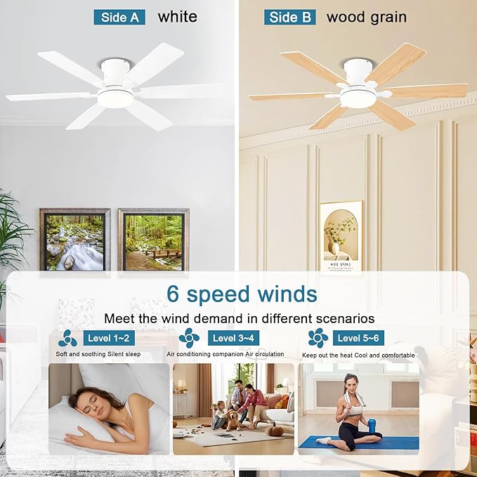 52inch Low Profile Ceiling Fan with Light and Remote/APP Control, LED Dimmable DC ReversibleModern, Flush Mount,6 Blade,White Ceiling Fan for Bedroom Living Room/Outdoor Use