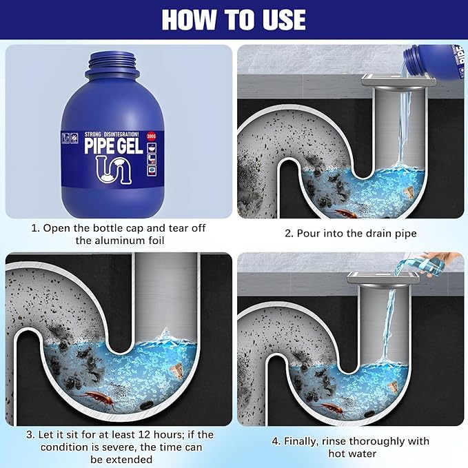 PIPE GEL Professional Drain Cleaner for Kitchen Sink, Strong Drain Opener, Unclog Shower Tub Drains, 300G, All Pipe Materials