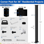 36" T304 L-drilled Cable Railing Corner Post(Post 35"x2"x2"), Wire Railing Post with Cable Grommets, Fixed Top Mount Stainless Steel Black Finish Deck Staircase Post