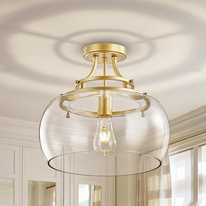 Industrial Round Chandelier Rustic Ceiling Light Fixture Farmhouse Pendant Light with Clear Glass Shade for Dining Room Hallway Entryway Kitchen Bedroom, Gold