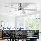 46" Ceiling Fan with Lights Low Profile, Flush Mount Ceiling Light with Remote and 5 Blades, Mute Reversible Motor, 6 Speeds and 3CCT Dimming, Modern Fan Light for Indoor Bedroom, Silver