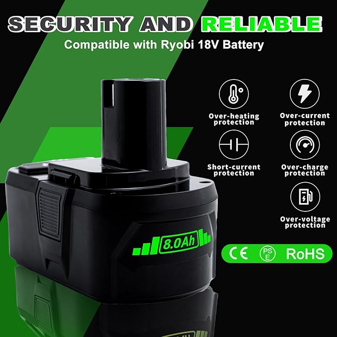 Upgrade 8000mAh High Capacity Replacement for Ryobi 18V Battery P108 P104 P105 P102 P103 P122 P109 Li-ION Compatible with Ryobi 18V ONE+ System Cordless Power Tools and Charger,2Pack