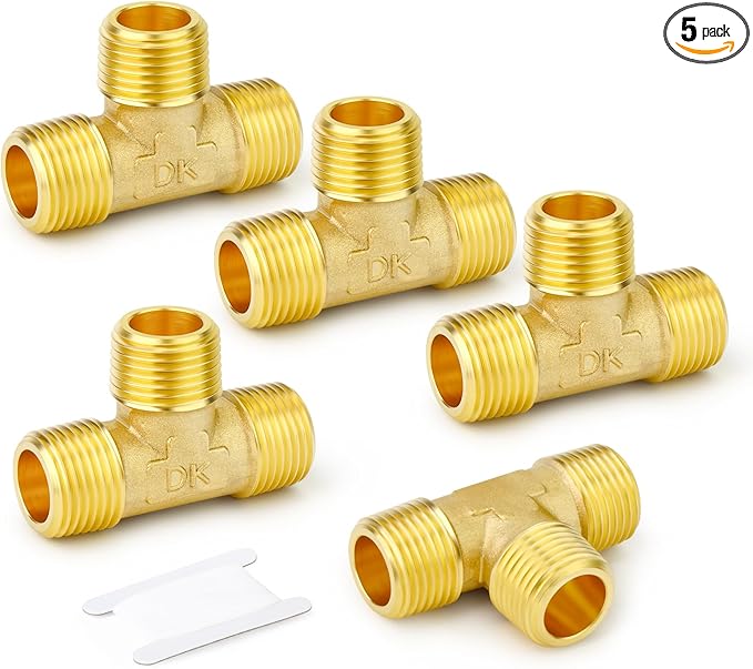GASHER 5PCS Brass Male Tee Pipe Fitting T Adapter, 3 Way Brass Fitting 1/8" x 1/8" x 1/8" NPT T Fitting