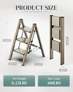 GameGem 3 Step Ladder, Folding Step Stool with Wider Pedal, Anti-Slip Feet & Non Slip Stripes, Aluminum Sturdy Material, 300Lbs Capacity, Elegant Look of Champagne Gold Better Matches Your Home