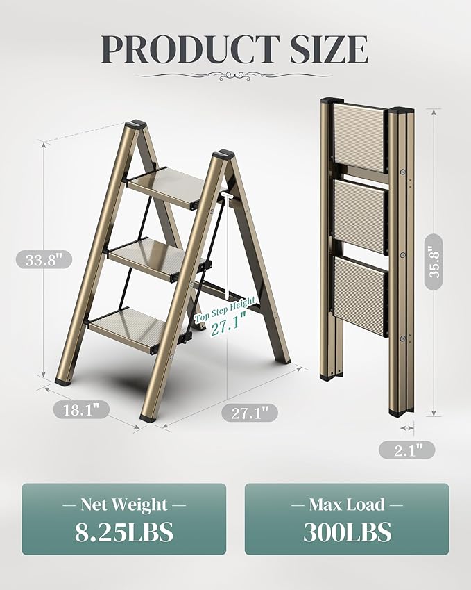 GameGem 3 Step Ladder, Folding Step Stool with Wider Pedal, Anti-Slip Feet & Non Slip Stripes, Aluminum Sturdy Material, 300Lbs Capacity, Elegant Look of Champagne Gold Better Matches Your Home