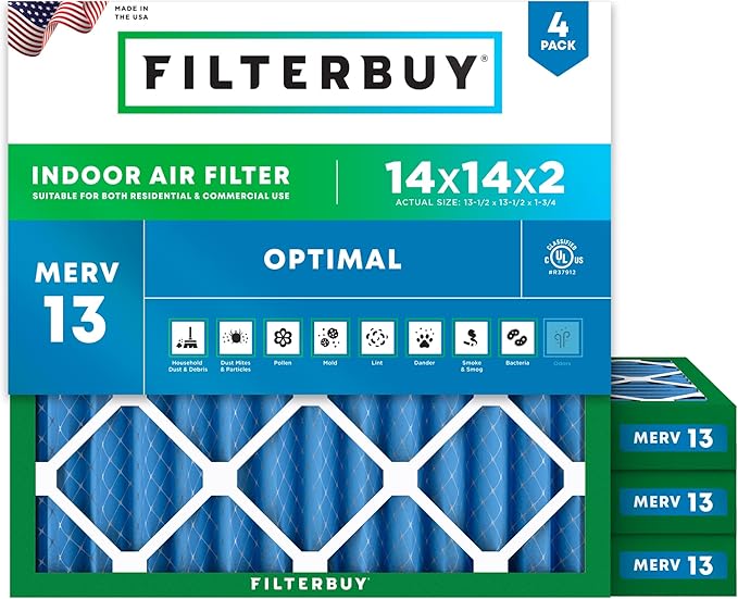 Filterbuy 14x14x2 Air Filter MERV 13 (MPR 1900) Health Defense Replacement (4-Pack), Electrostatic Pleated HVAC AC Furnace Filters, Made in USA (Actual Size: 13.50 x 13.50 x 1.75)