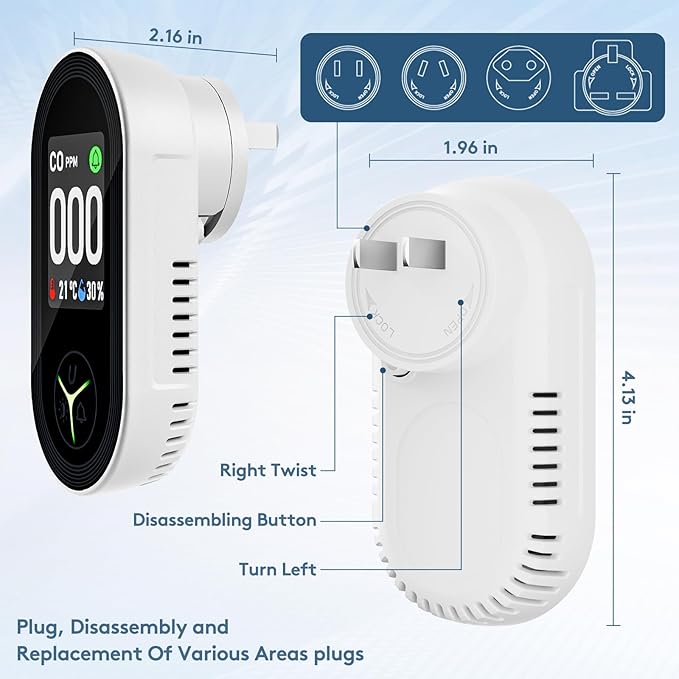 Carbon Monoxide Detectors, Plug in Wall, 3-in-1, with Large Display Screen,for CO Unit,Temp Value,Hum Value,4 Color Alert lcons, Adjustable Brightness Design