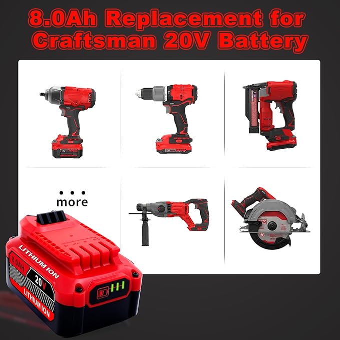 Upgrade 2-Pack 20V 8.0Ah Replacement for Craftsman 20V Battery V20 Lithium ion Batteries Compatible with CMCB205 CMCB204 CMCB206 CMCB202 CMCB201 20V Cordless Power Tools
